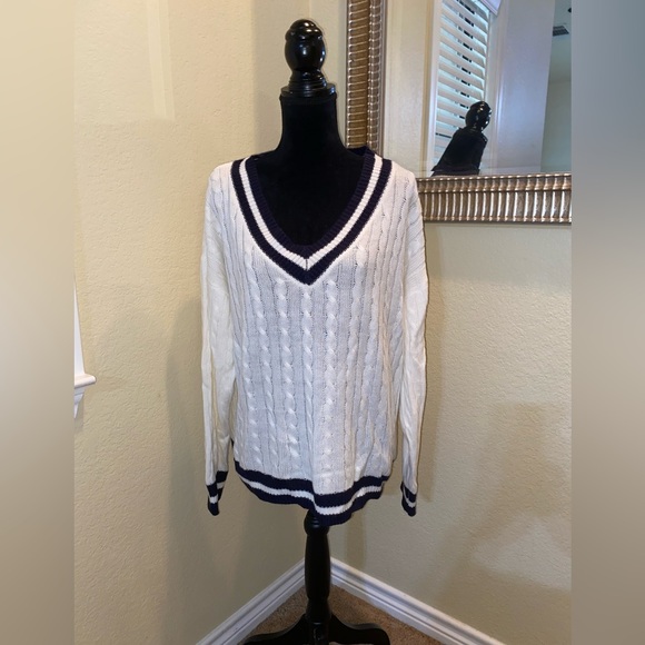 Oversized Blu Pepper V-Neck Cable Knit Sweater - Cream and Navy - Picture 1 of 9